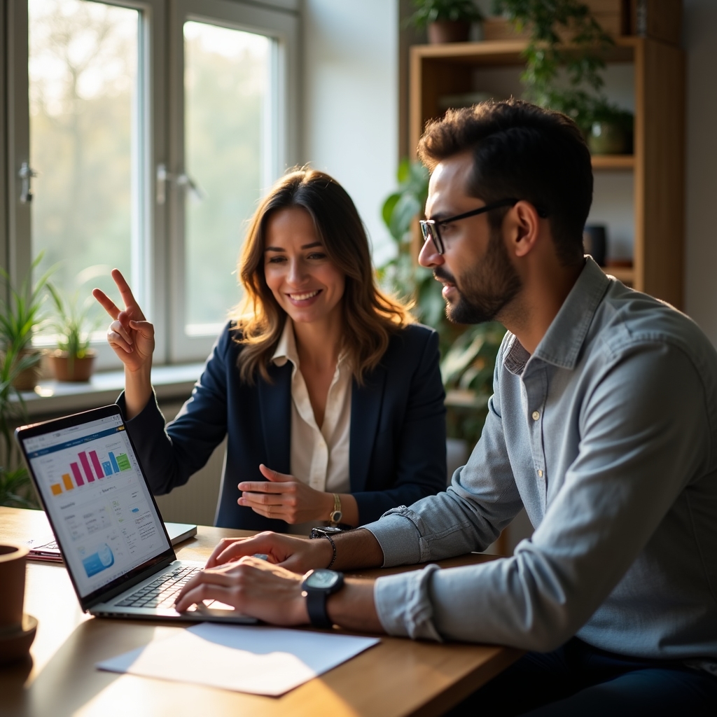 Website owner and developer reviewing a technical SEO dashboard together on a laptop