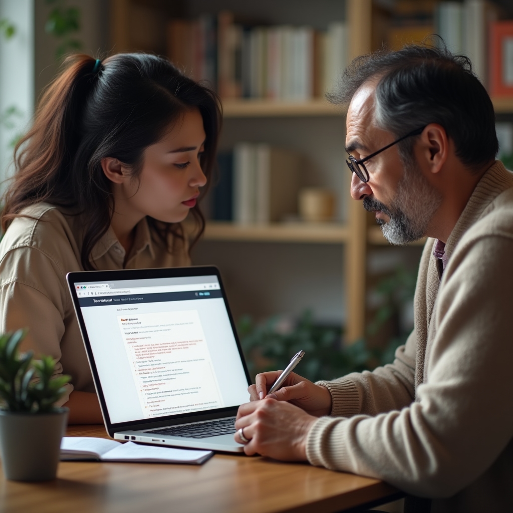 Freelancer showing a website owner an index coverage report on a laptop screen in a bright office