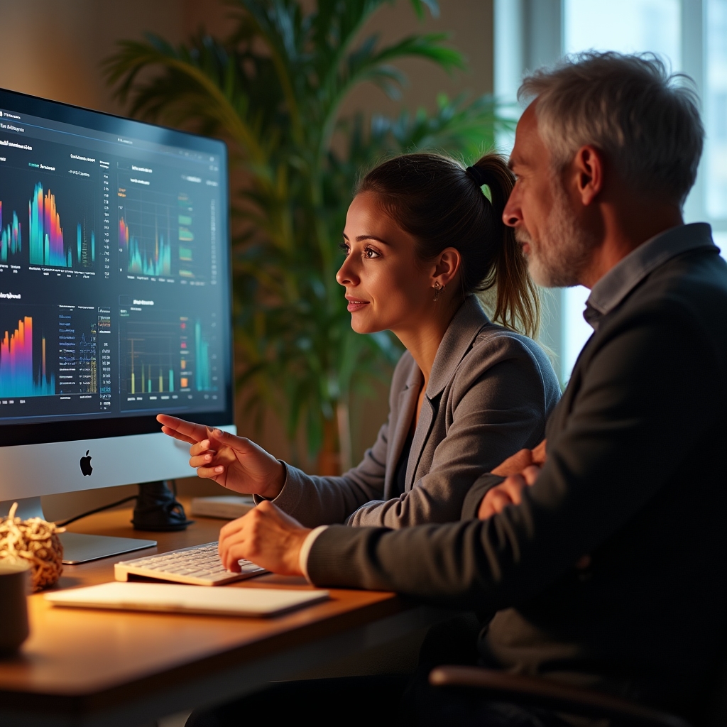 Marketing lead and developer looking at a site speed performance report together on a desktop monitor