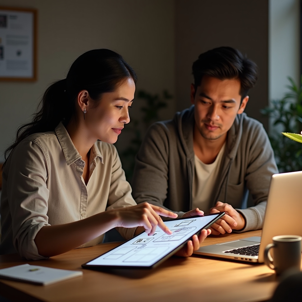 Small business owner and freelance developer discussing a site structure diagram at a shared desk