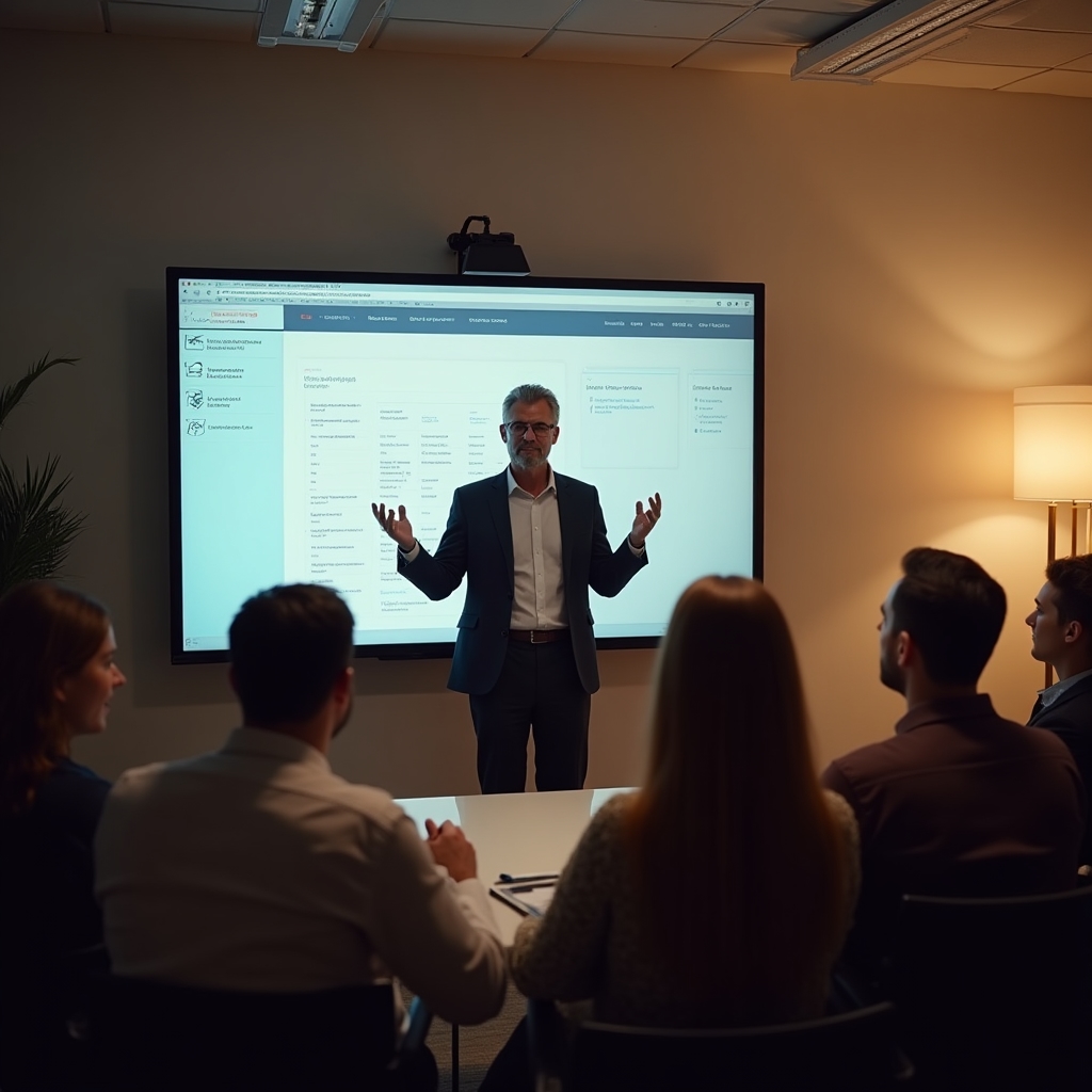 Presenter speaking to a small group during a live webinar session about website structure
